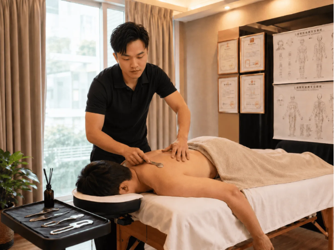 李老師進行背部筋膜調理的工作情境示意圖